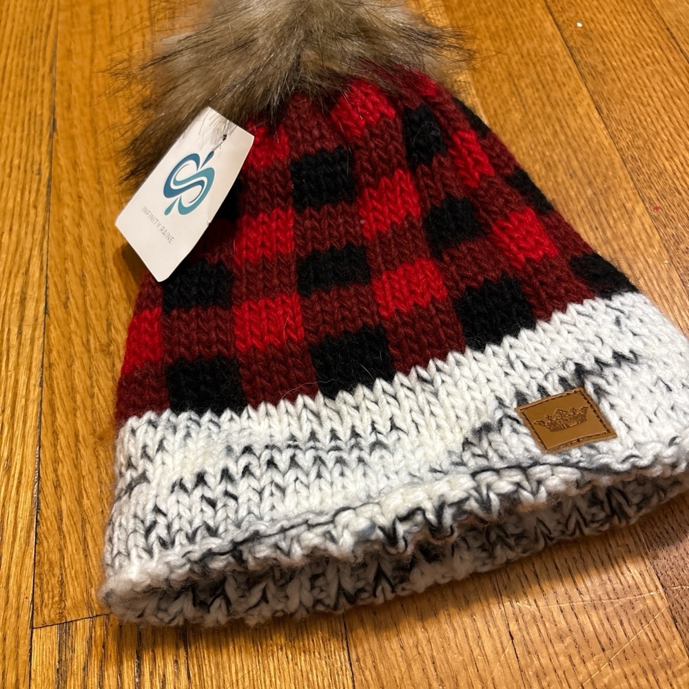 Infinity Raine Red and Black Plaid Beanie with Faux Fur Pom - Picture 2 of 6